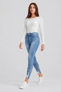 Women's High Waist Pearl Embellished Stretch Skinny Jeans