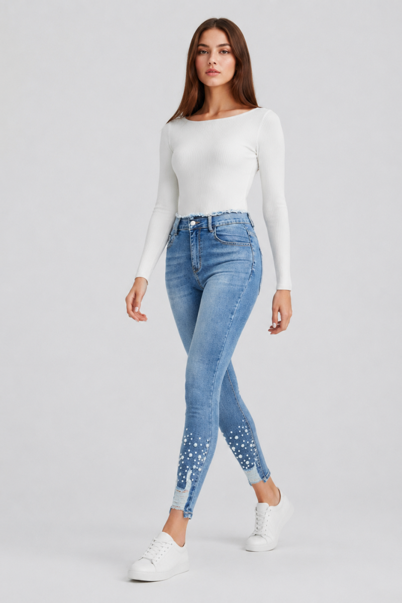 Women's High Waist Pearl Embellished Stretch Skinny Jeans