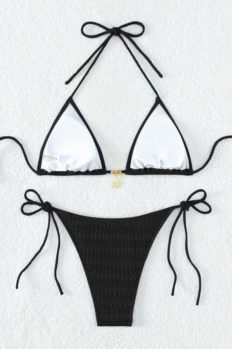 Women's Triangle Cup Side Tie Ribbed Solid Bikini Set