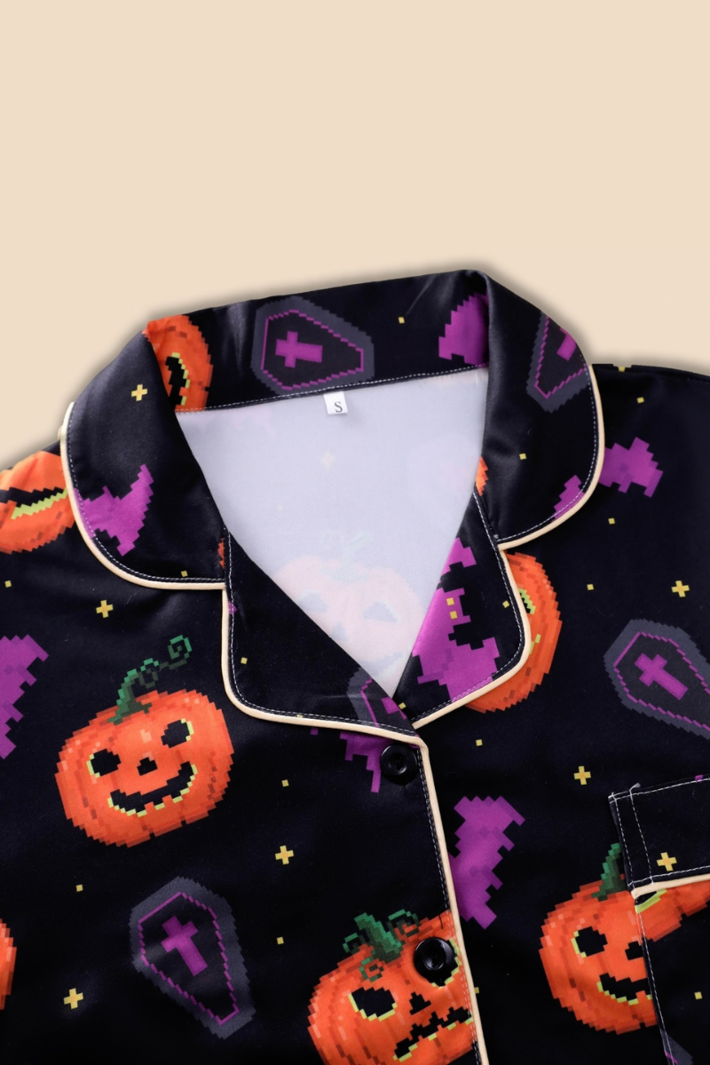 Women's Fall Halloween Pumpkin Bat Print Horror Pajama Set