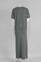 Short-sleeved, half-length skirt, and knit set