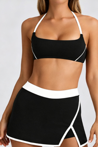 Halter T-Back Sports Bra&High-Waist Split Skort 2-Piece Set