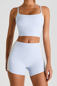 Women's Set:Cross Back Bra & Side Color-Blocked Stripe Short