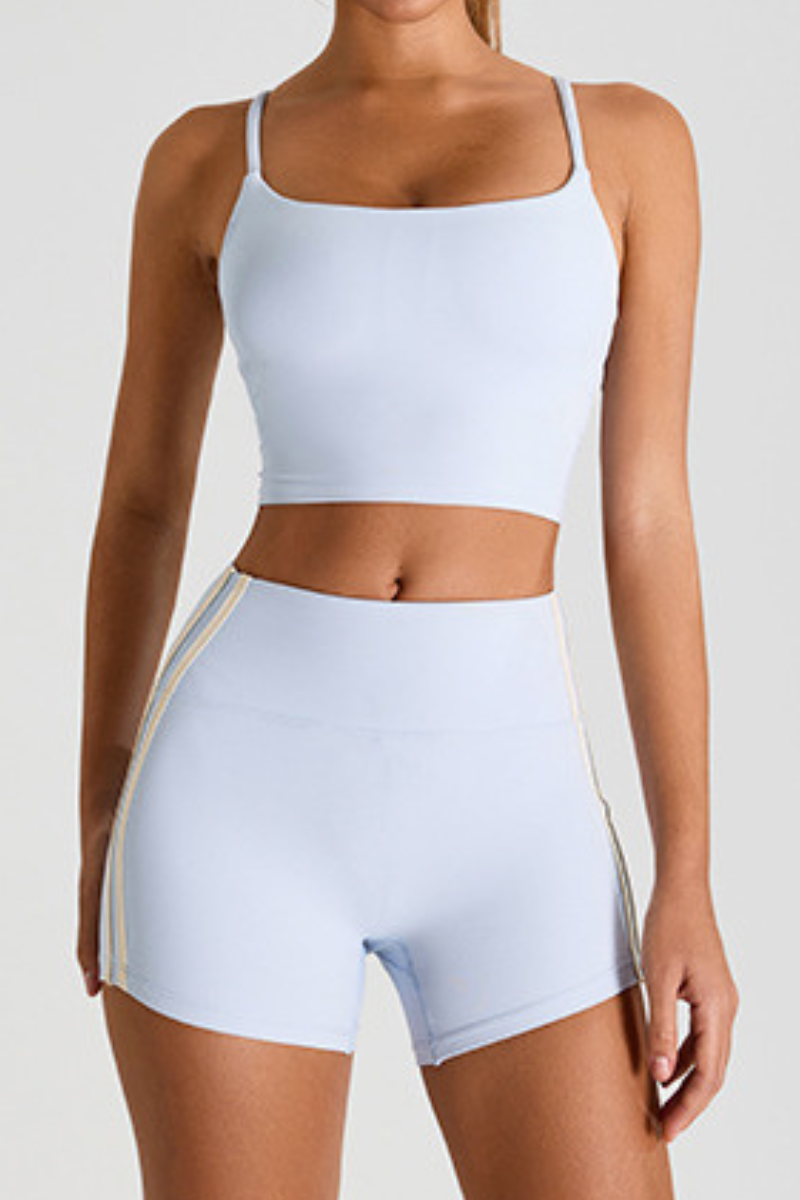 Women's Set:Cross Back Bra & Side Color-Blocked Stripe Short