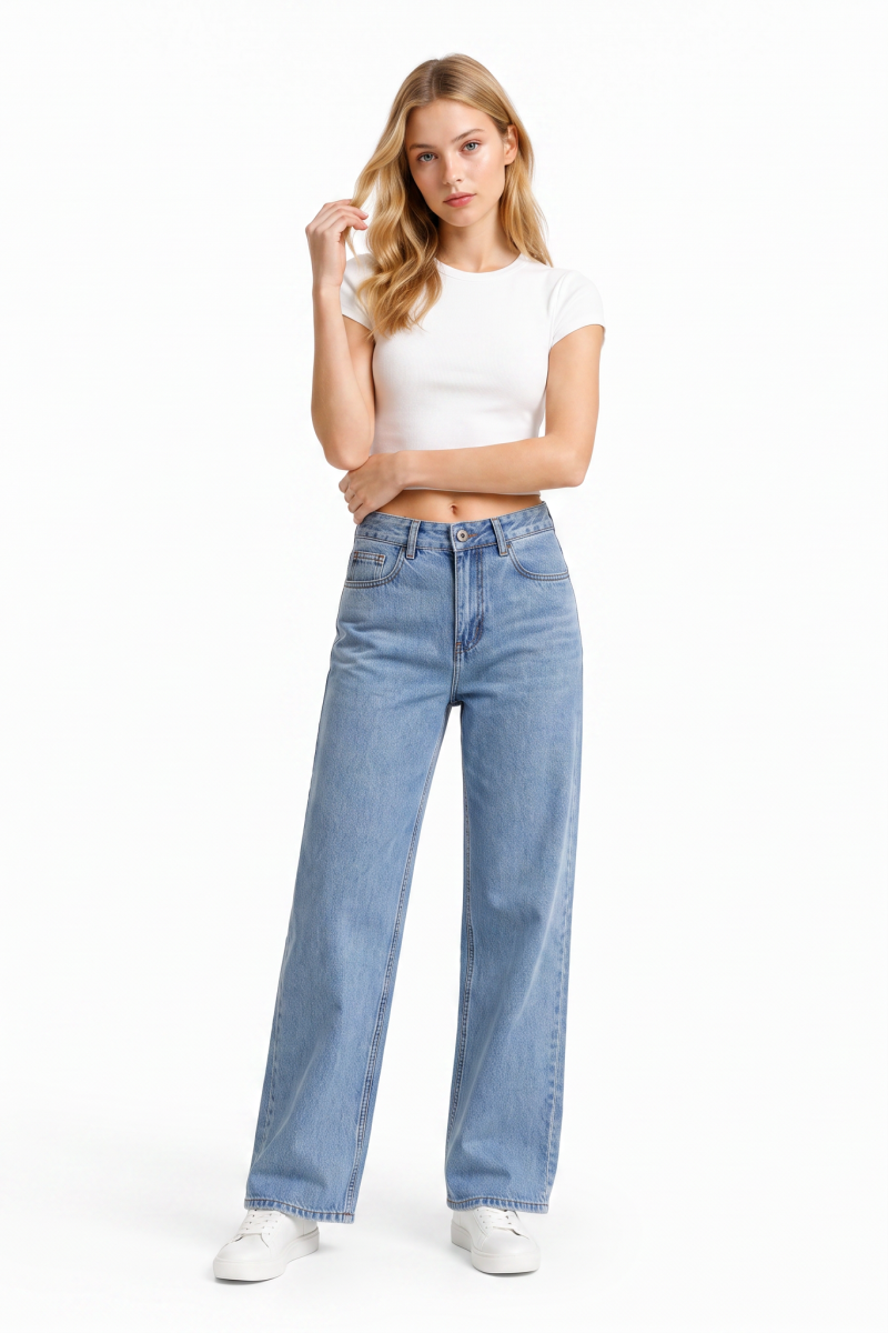 Women's Mid Waist Washed Straight Leg Jeans