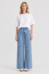 Women's High Waist Cherry Embroidered Wide Leg Jeans