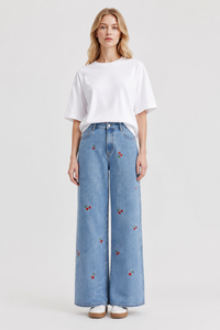 Women's High Waist Cherry Embroidered Wide Leg Jeans