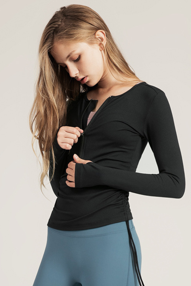 Women's Spring Side Drawstring Half Zipper Long Sleeve Top