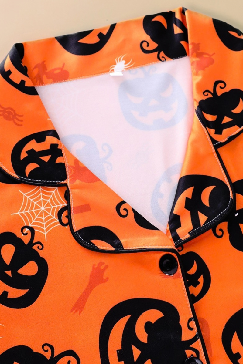 Women's Fall Halloween Pumpkin Spider Web Print Pajama Set