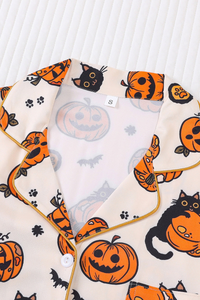 Women's Fall Halloween Pumpkin Black Cat Print Pajama Set
