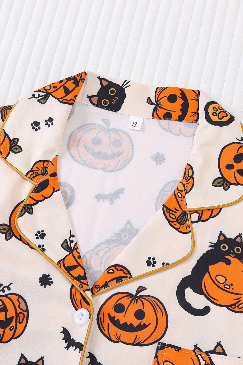 Women's Fall Halloween Pumpkin Black Cat Print Pajama Set
