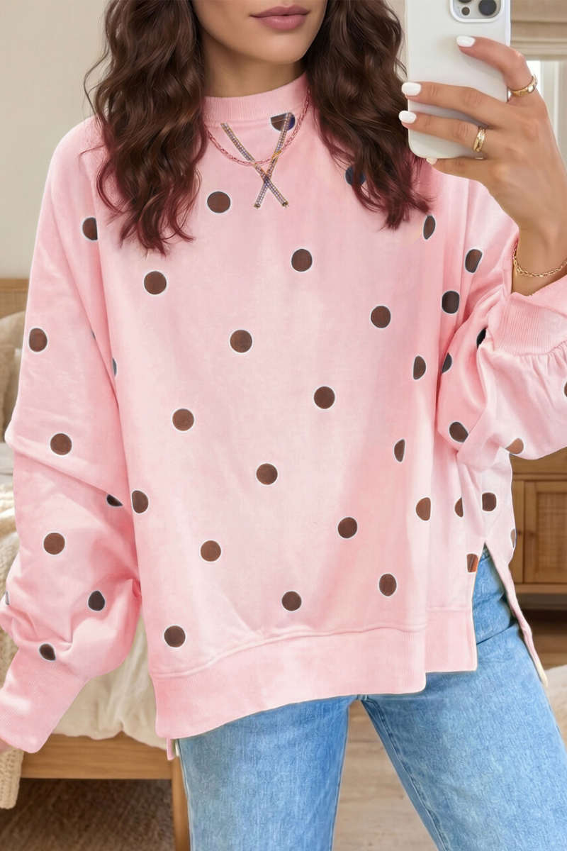 Women's Fall/Winter Polka Dot Side Slit Hem Print Oversized Pullover