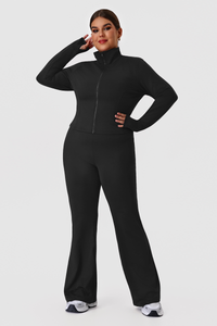 Plus Size Women's Two-Piece Set:Stand Collar Jacket Yoga Flare Pants