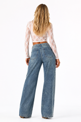 Women's High Waist Rhinestone Embellished Straight Leg Jeans