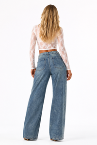 Women's High Waist Rhinestone Embellished Straight Leg Jeans