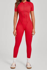 Women's Half-Zip Short Sleeve Open Back Jumpsuit