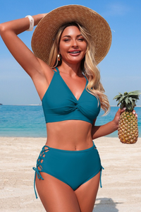 Women's V-neck Twist-Front Cross Back Side Cot Out Bikini