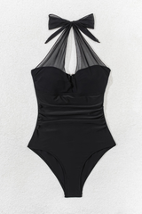 Women's Solid Mesh Panel Halter Ruched Cinched Waist Swimsuit