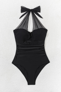 Women's Solid Mesh Panel Halter Ruched Cinched Waist Swimsuit