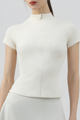 Women's Half Zip Stand Collar Slim Fit Short Sleeve Top
