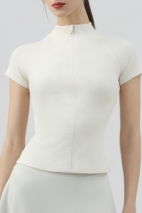 Women's Half Zip Stand Collar Slim Fit Short Sleeve Top