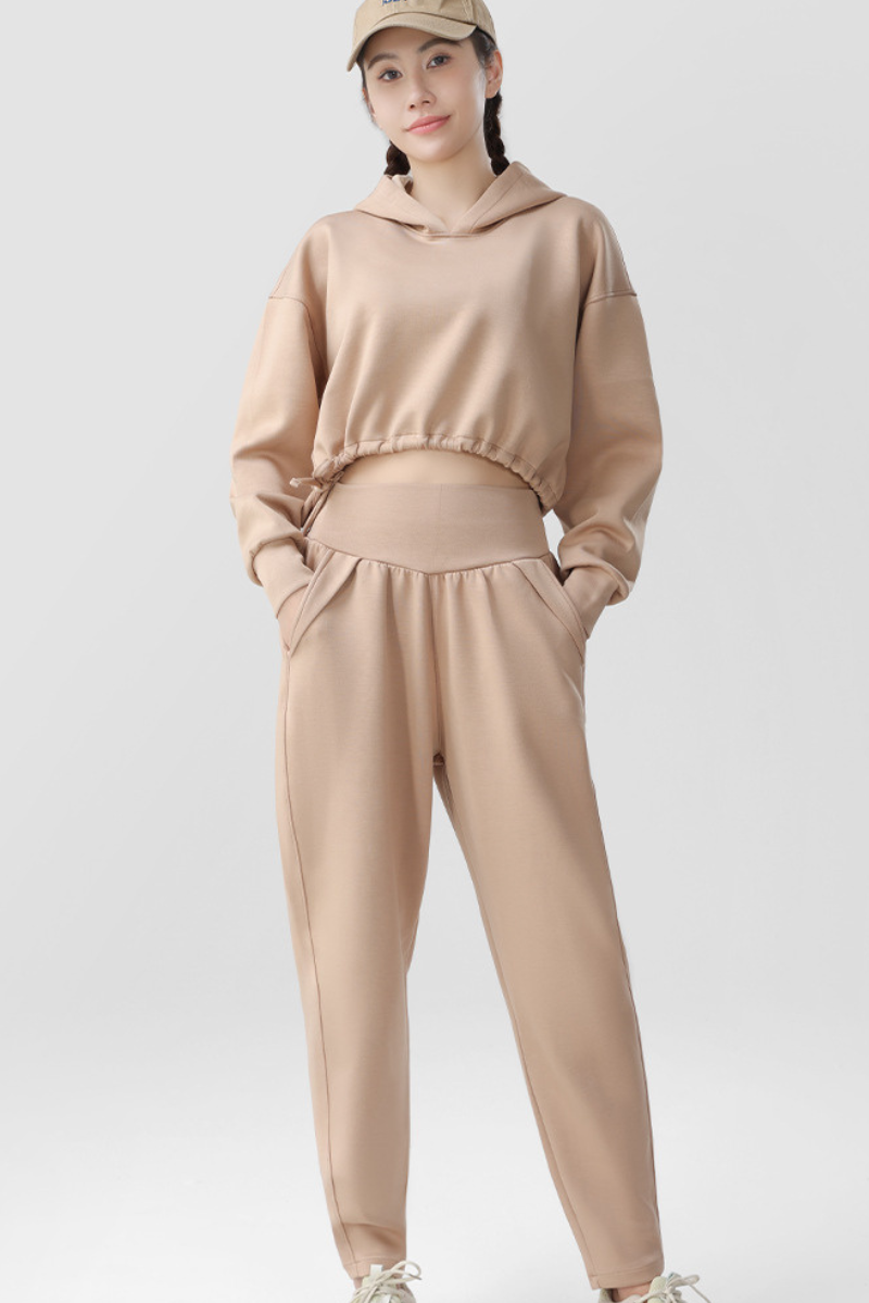 Women Cropped Hooded Top and High Waist Pants 2 Piece Set