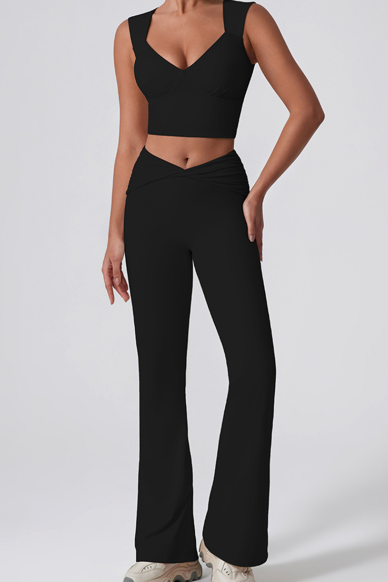 Women's V-Neck Tank Top & Twist Waist Flared Pants Yoga Set