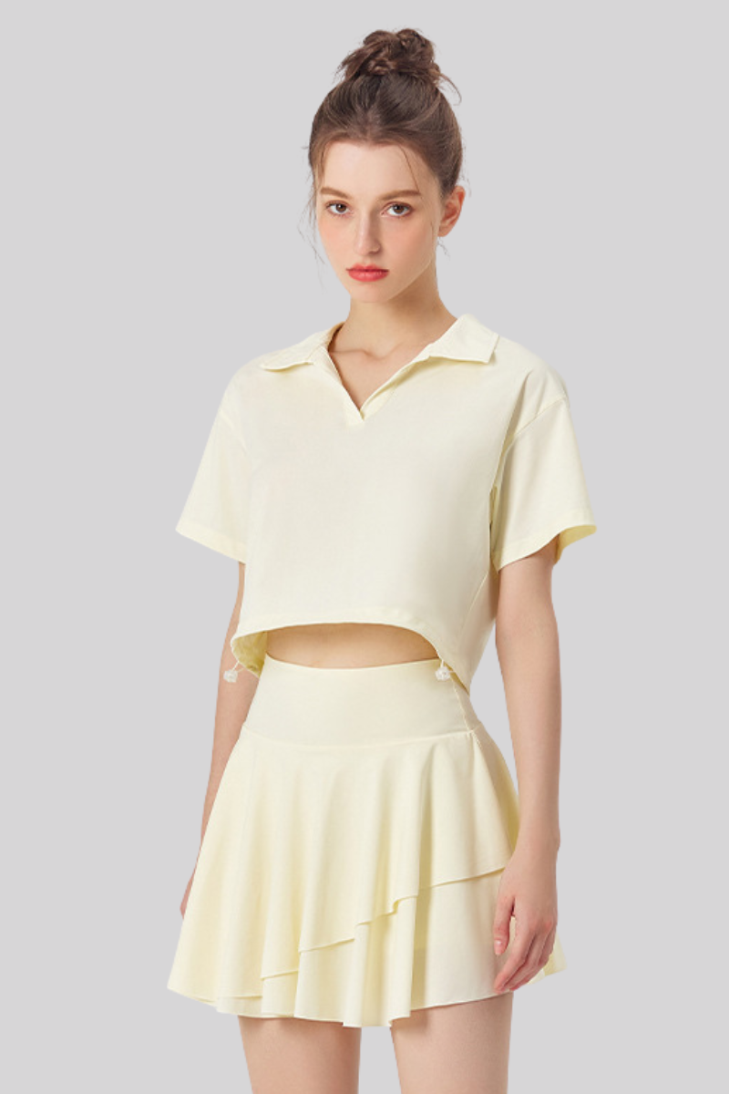Women's Tennis Sets:Polo Collar Cropped Tee & Skirt