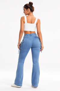 Women's High Waist Stretch Flare Cargo Jeans