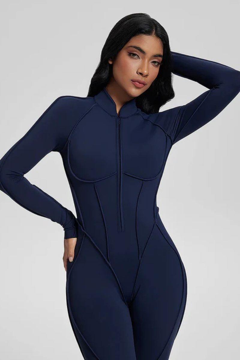 Women's Stand Collar Seam Detail Yoga Long Sleeve Jumpsuit