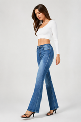 Women's Vintage Distressed Mid Rise Stretch Slim Flare Jeans