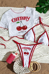 Women's Cherry Print Color Block Triangle Three Piece Bikini