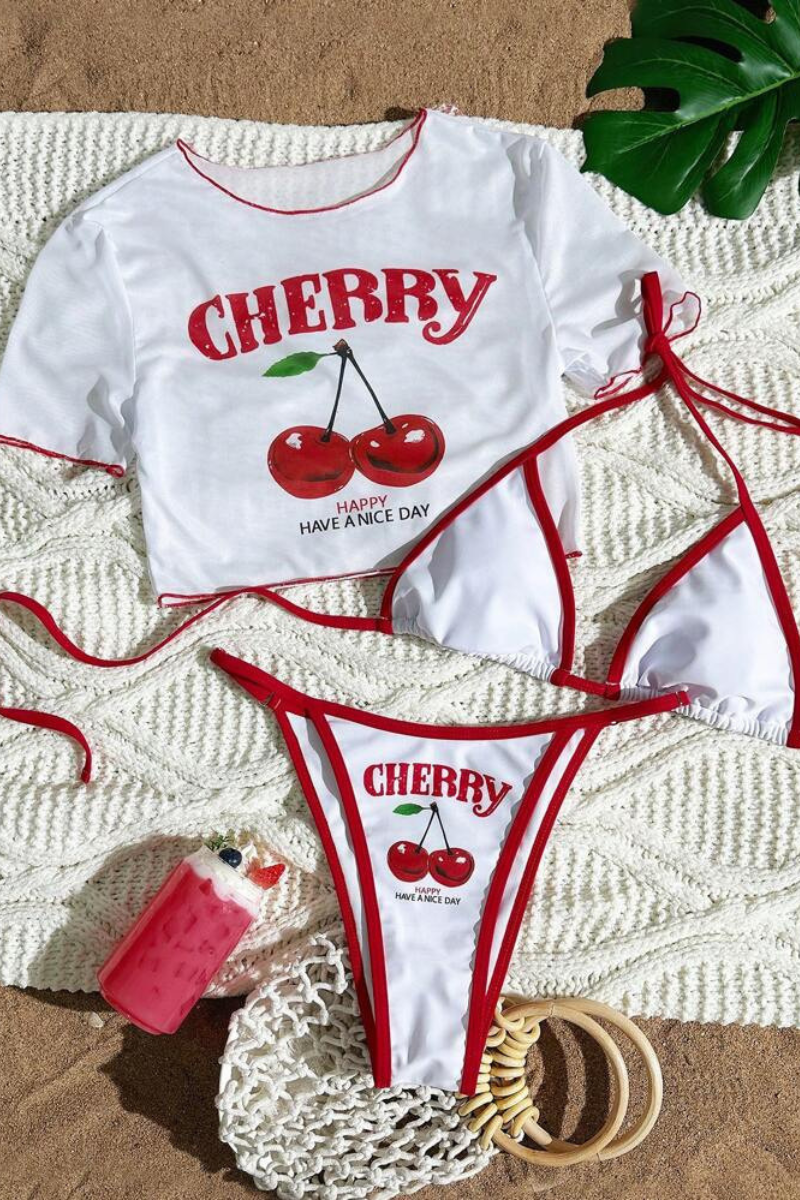 Women's Cherry Print Color Block Triangle Three Piece Bikini