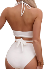 Women's Halter Back Bow High Waist Bikini Set - Solid