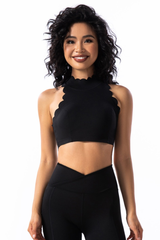Women's Scalloped Mock Neck Padded Cutout Open Back Top