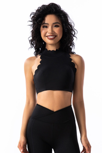 Women's Scalloped Mock Neck Padded Cutout Open Back Top
