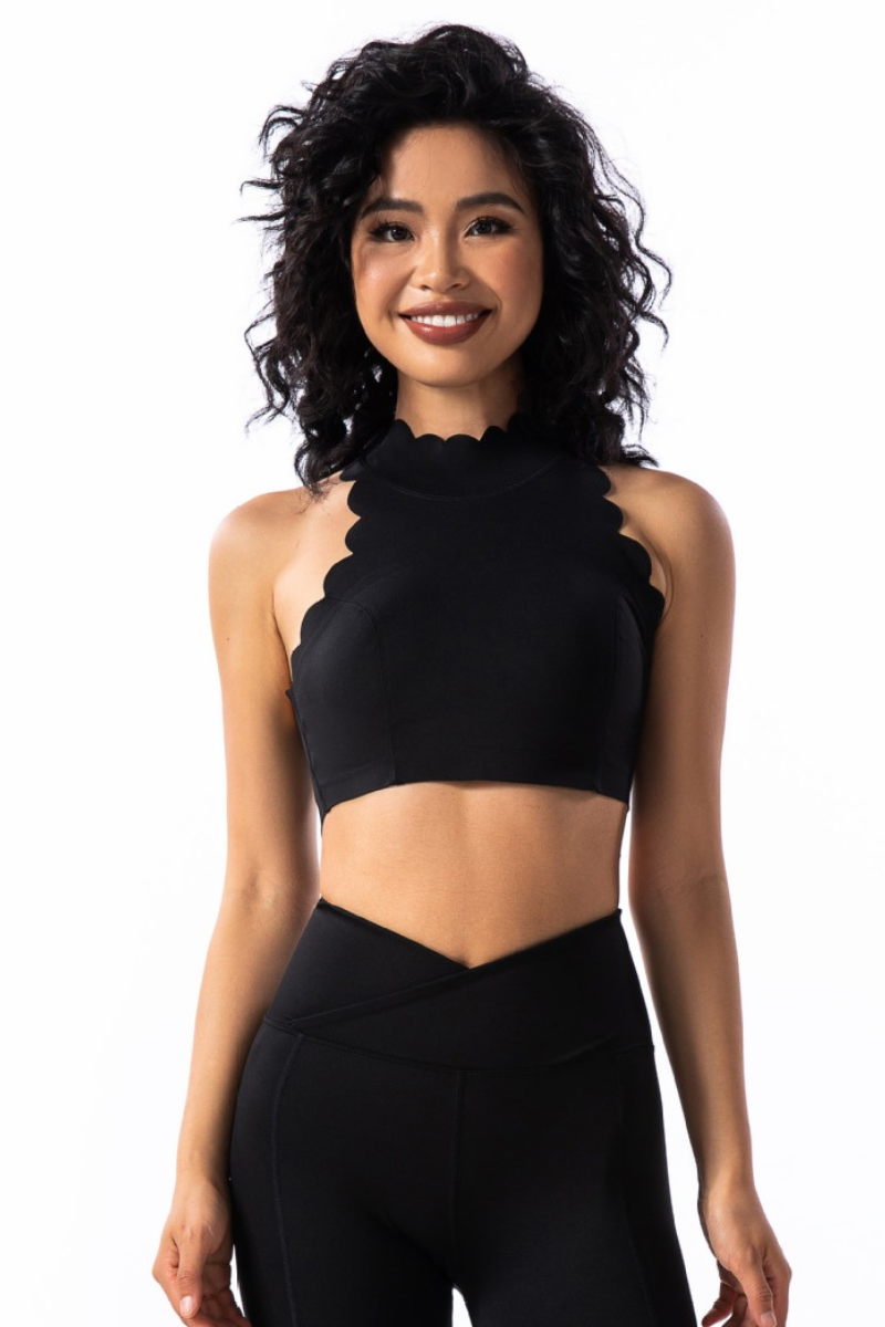 Women's Scalloped Mock Neck Padded Cutout Open Back Top