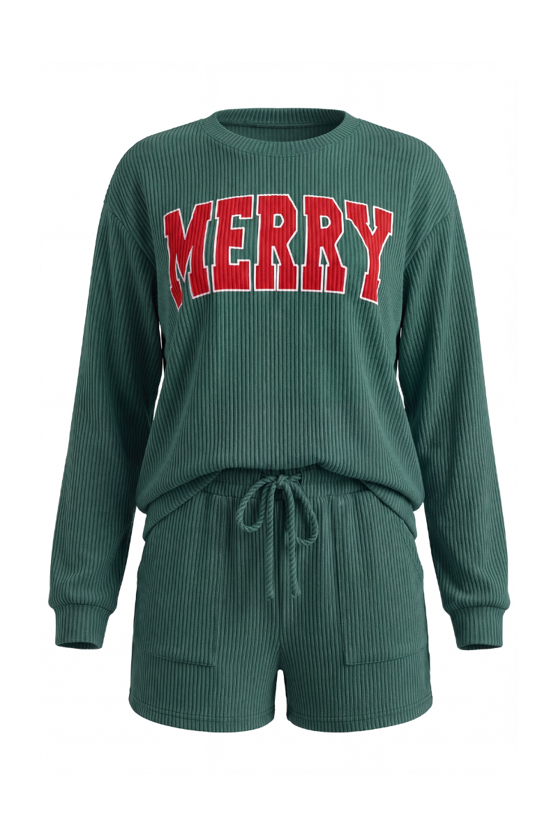 Women's Christmas Sets: MERRY Letter Pullover And Shorts