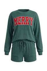 Women's Christmas Sets: MERRY Letter Pullover And Shorts