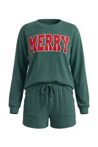 Women's Christmas Sets: MERRY Letter Pullover And Shorts