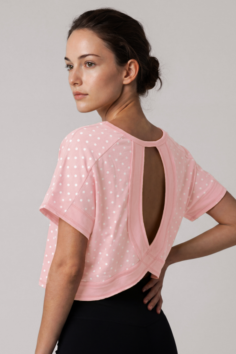 Women's Summer Polka Dot Cutout Back Cropped Sports Tee
