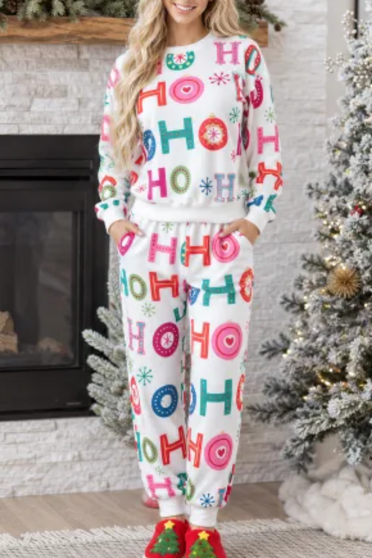 Women's HOHO Letter Thin Lounge Christmas Pajamas Sets
