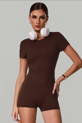 Women's Solid Open-Back Short-Sleeve Workout Jumpsuit