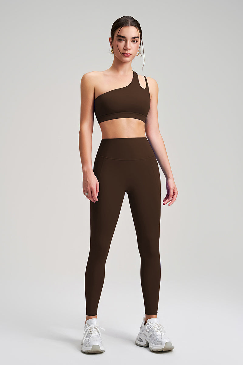 Women Single Shoulder Backless Yoga Set: Crisscross Strap Sports Bra + High Waist Leggings