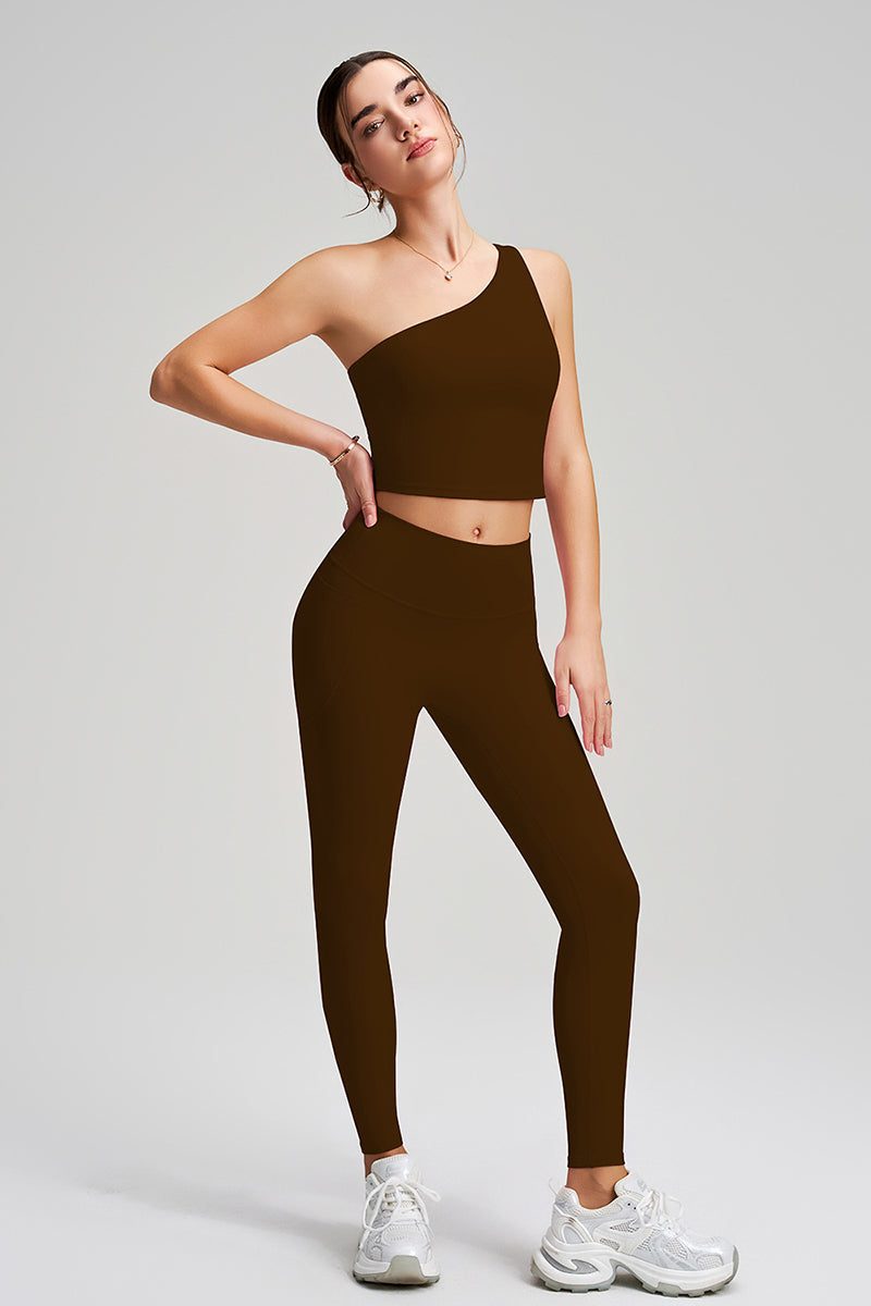 Women Single Shoulder Quick Dry Waist Shaping Yoga Set: Short Sleeve Bra + Leggings