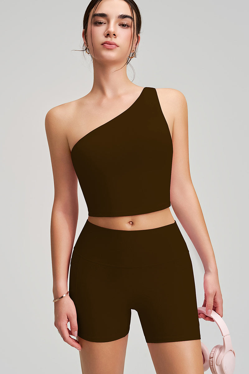 Women Single Shoulder Quick Dry Waist Shaping Yoga Set: Short Sleeve Bra + Shorts