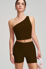 Women Single Shoulder Quick Dry Waist Shaping Yoga Set: Short Sleeve Bra + Shorts