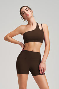 Women Single Shoulder Backless Yoga Set: Crisscross Strap Sports Bra + Shorts