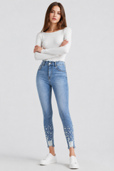 Women's High Waist Pearl Embellished Stretch Skinny Jeans