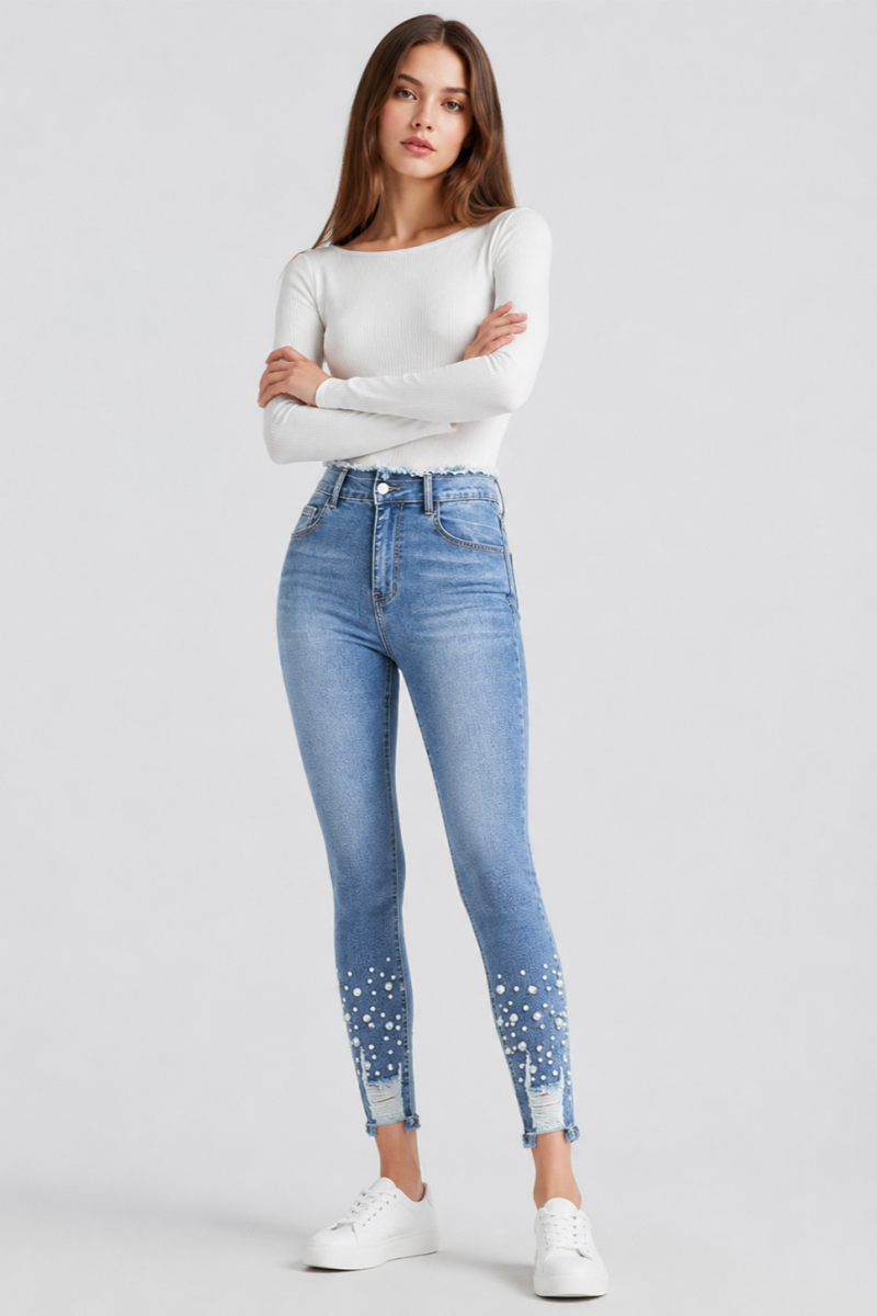 Women's High Waist Pearl Embellished Stretch Skinny Jeans